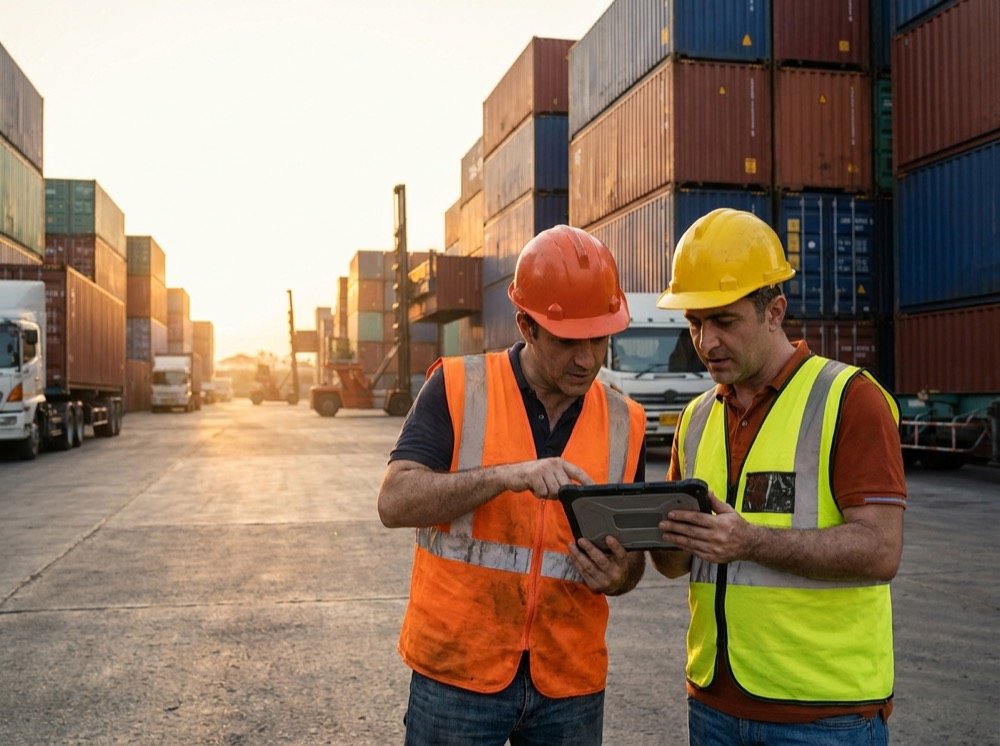 Frontier Summit logistics team reviewing a shipment at a container yard